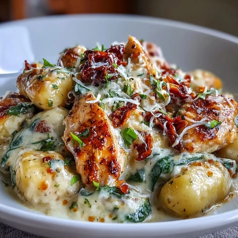 Pollo toscano cremoso con ñoquis: dorados, tiernos, en salsa rica con espinacas.