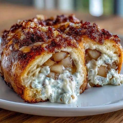Roll-ups de pera y canela con queso crema, dorados y crujientes.