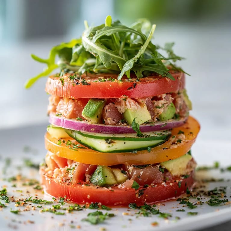 Una imagen de una ensalada de tomate y atún en una cama de ensalada.