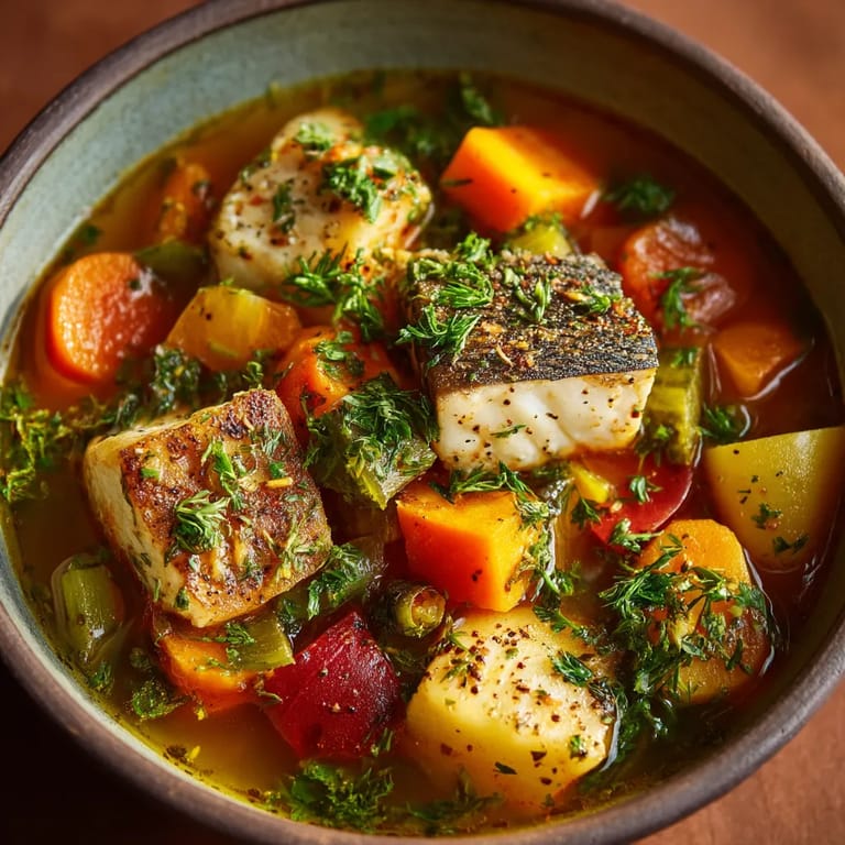 Un bol de sopa de pescado con verduras frescas.