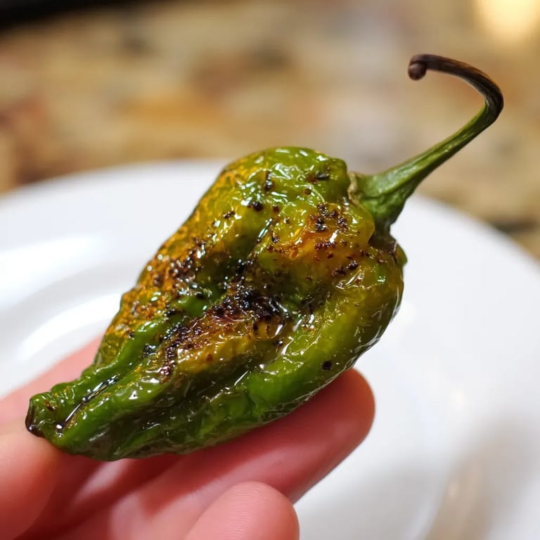 Una mano sostiene un pimiento frito con sal.