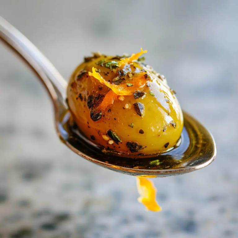 Un trozo de aceitunas marinadas con ralladura de limón.