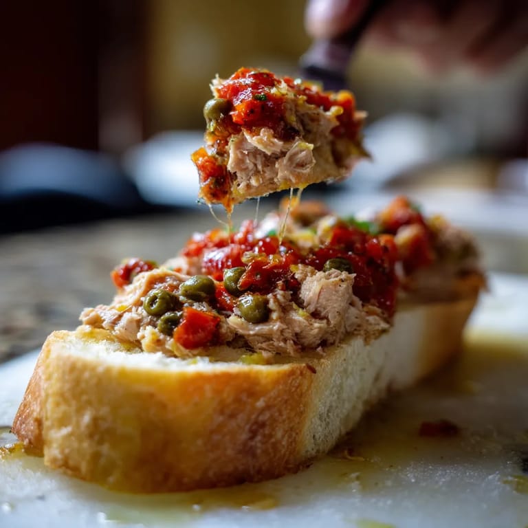 Montaditos de atún y pimiento rostizado.