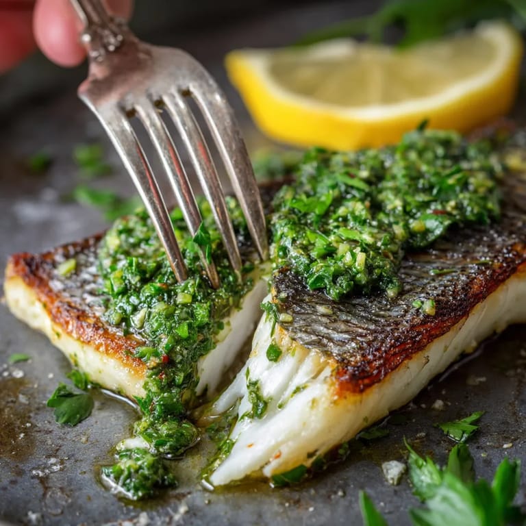 Grilled sea bass with parsley mojo.