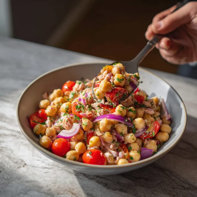 Chickpea salad con atún, pimiento rojo y cebolla.