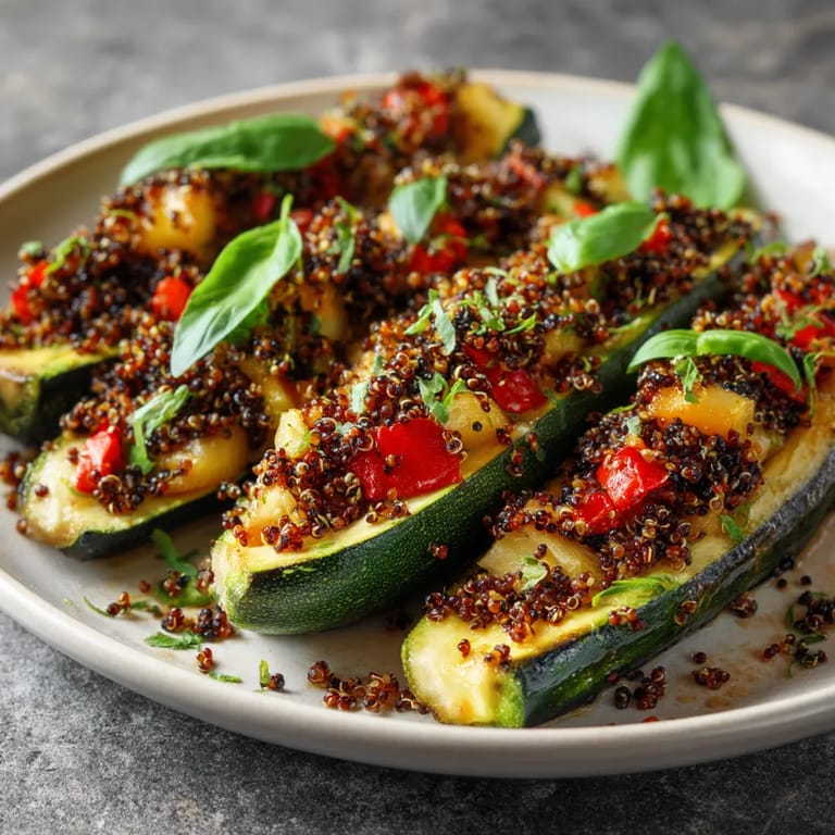 Plato de calabacines rellenos de quinoa y verduras.