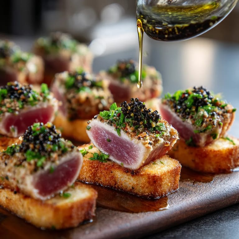 Seared tuna bites con tapenade de aceite de oliva en un pan de cristal.