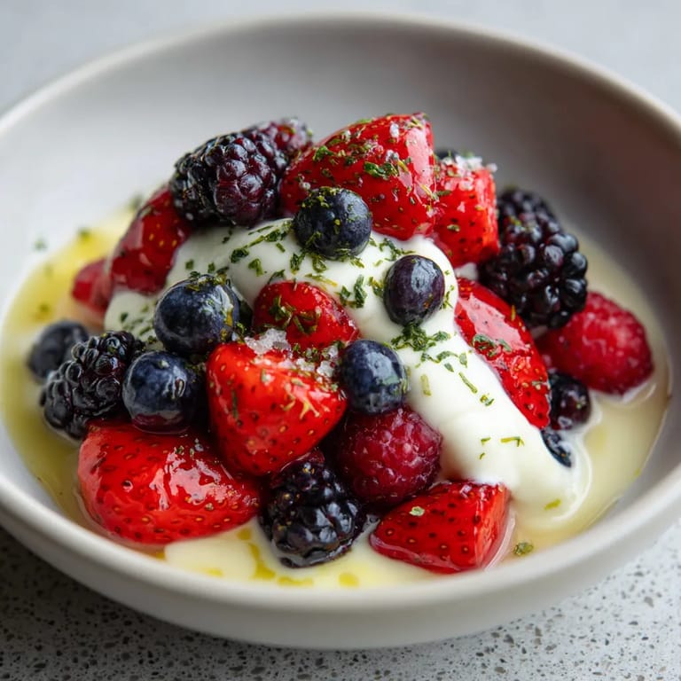 Un plato de frutas con crema y limón.