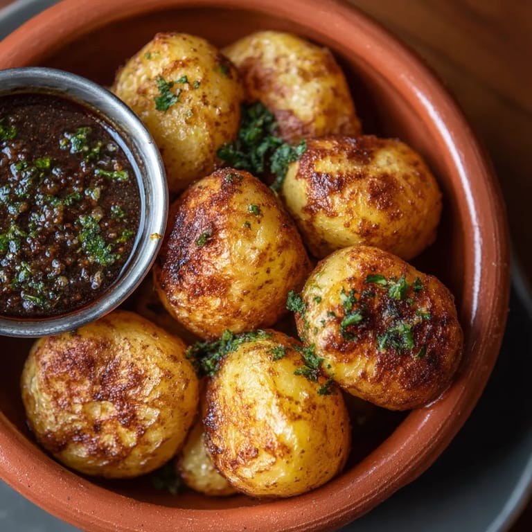 Un plato con papas arrugadas y salsa.