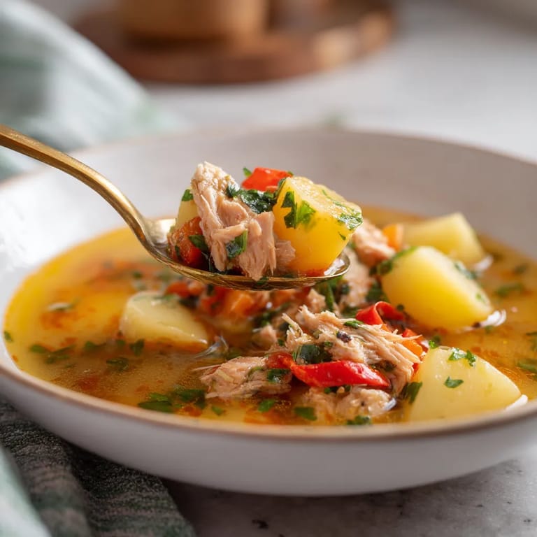Marmitako en un plato con una cuchara.