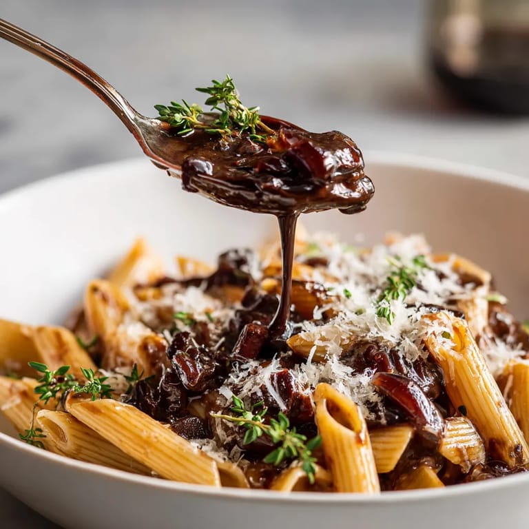 Penne con salsa de chocolate y vino tinto.