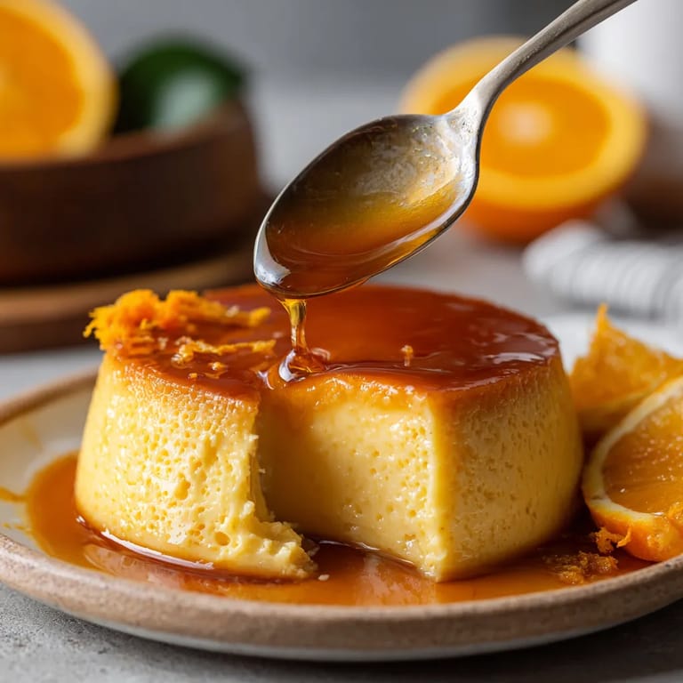 Un flan con caramelo de naranja y una cucharada de salsa de naranja.
