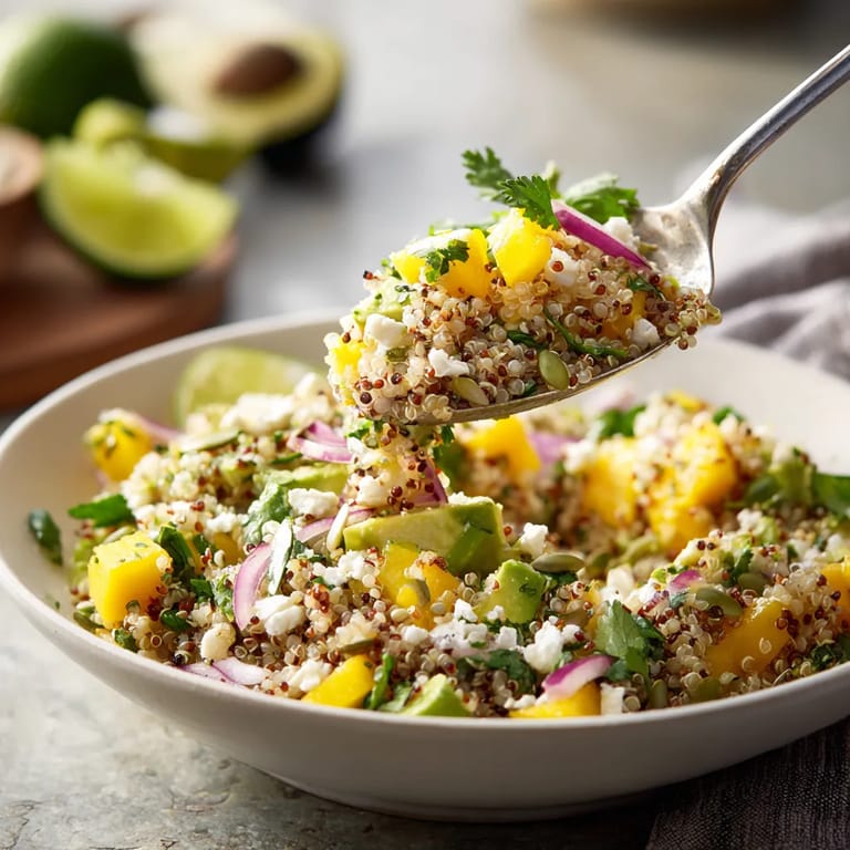 Una cena de quinoa con mango, aguacate y queso fresco.