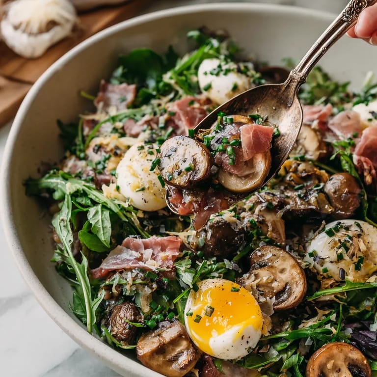 Salad de mushrooms caliente con jamón ibérico y huevo de quail.