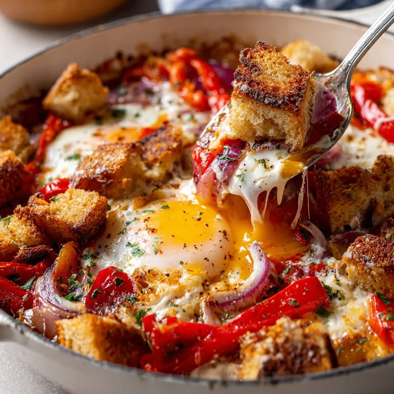 Huevos al horno con pimientos y pan crujiente.