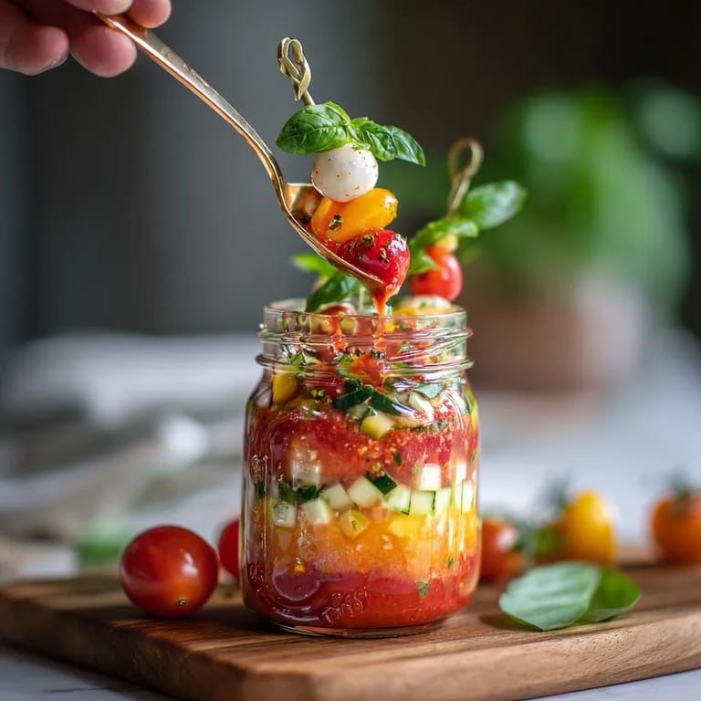 Un jarrón de gazpacho con tomates y verduras.
