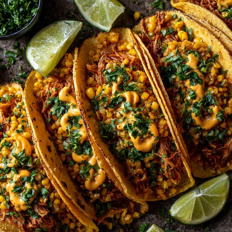 Tacos de paella con chorizo y maíz.