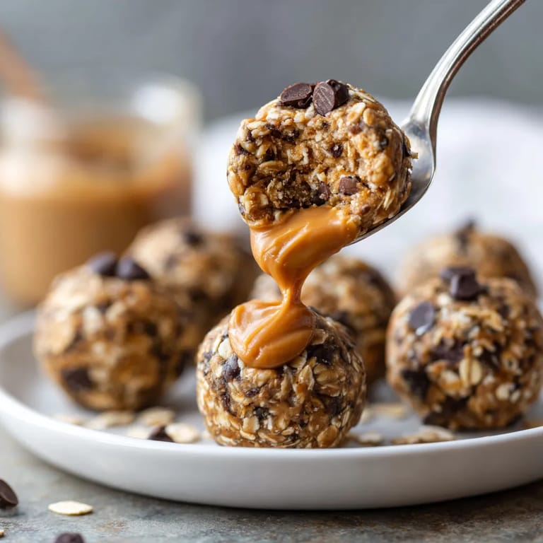 Un plato con bolas de energía que están cubiertas de peanut butter y granola.
