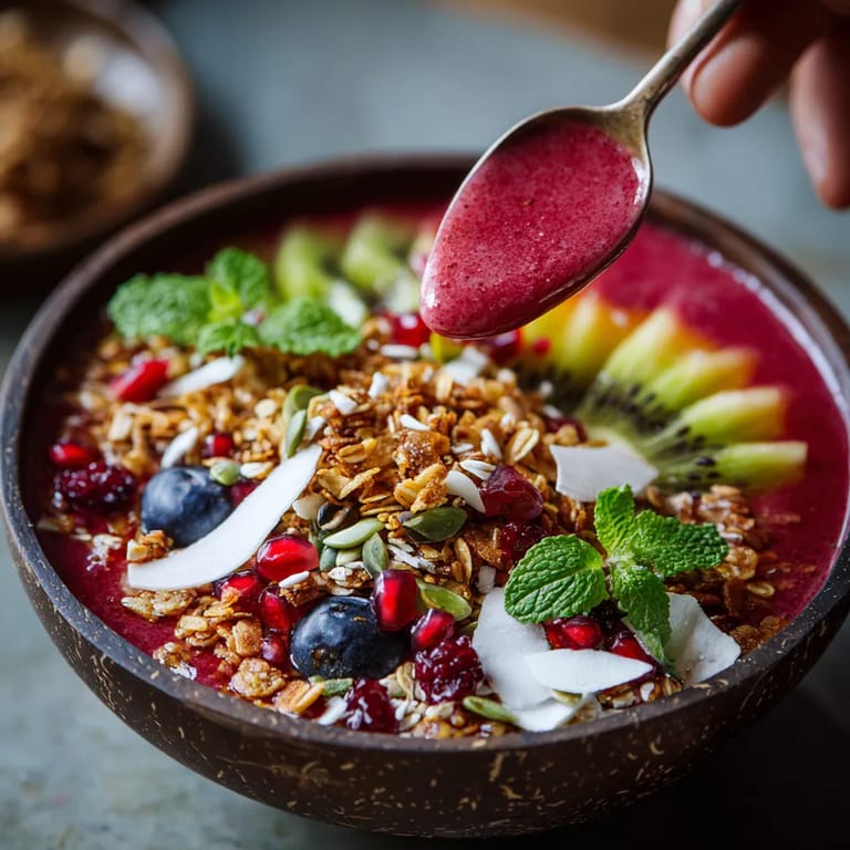 Un bol de frutas y granos con una cuchara de plástico.