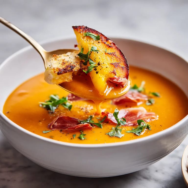 Una cacerola con salmorejo y una cuchara.