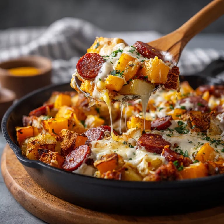 Patatas bravas con chorizo y butternut.