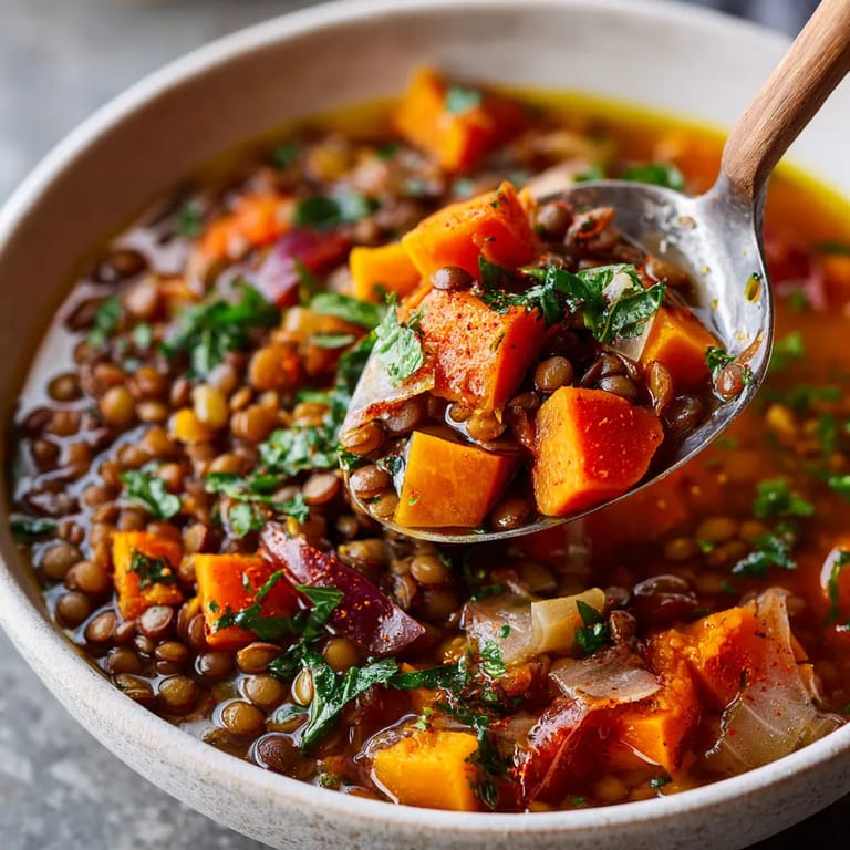 Un bol de sopa con lentejas y papas.
