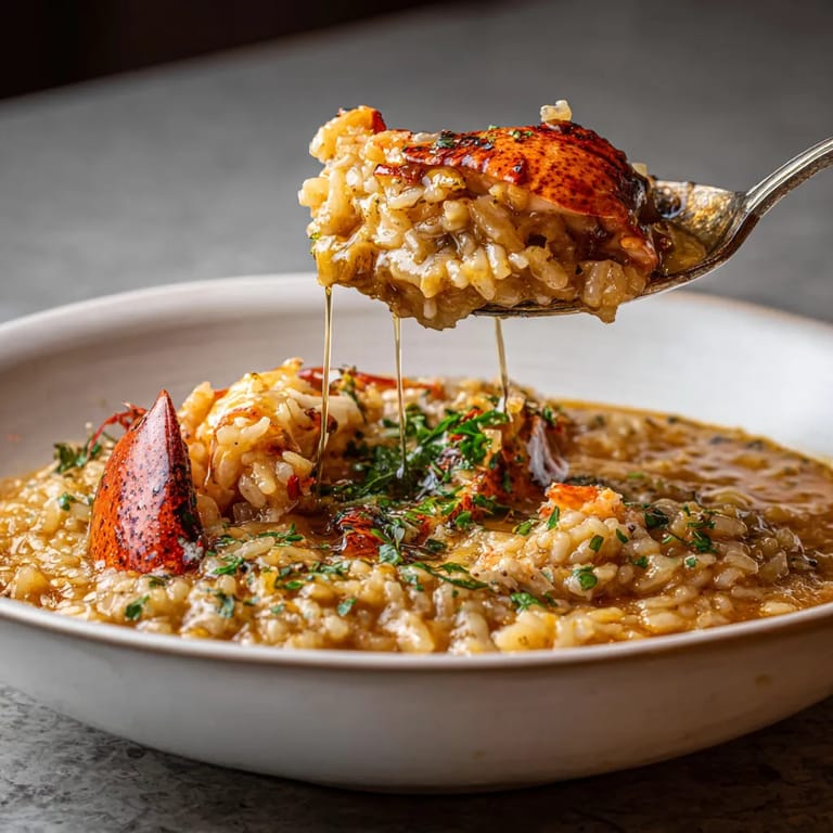 Arroz caldoso con langosta y aceite de trufa.