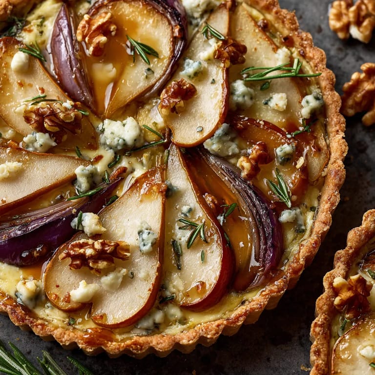 Tarta salada de pera, gorgonzola y miel de romero sobre masa quebrada.