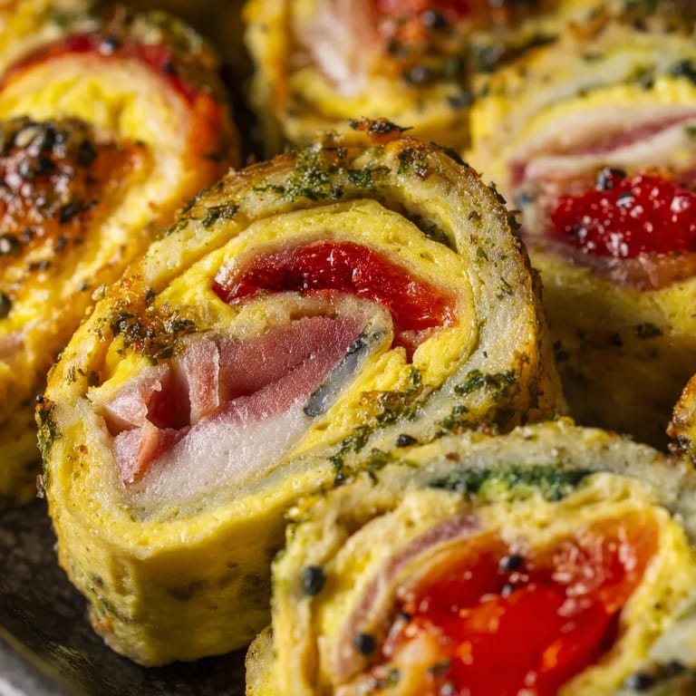 Tortilla de patata roulée estilo sushi con ibérico y pesto de pimiento.