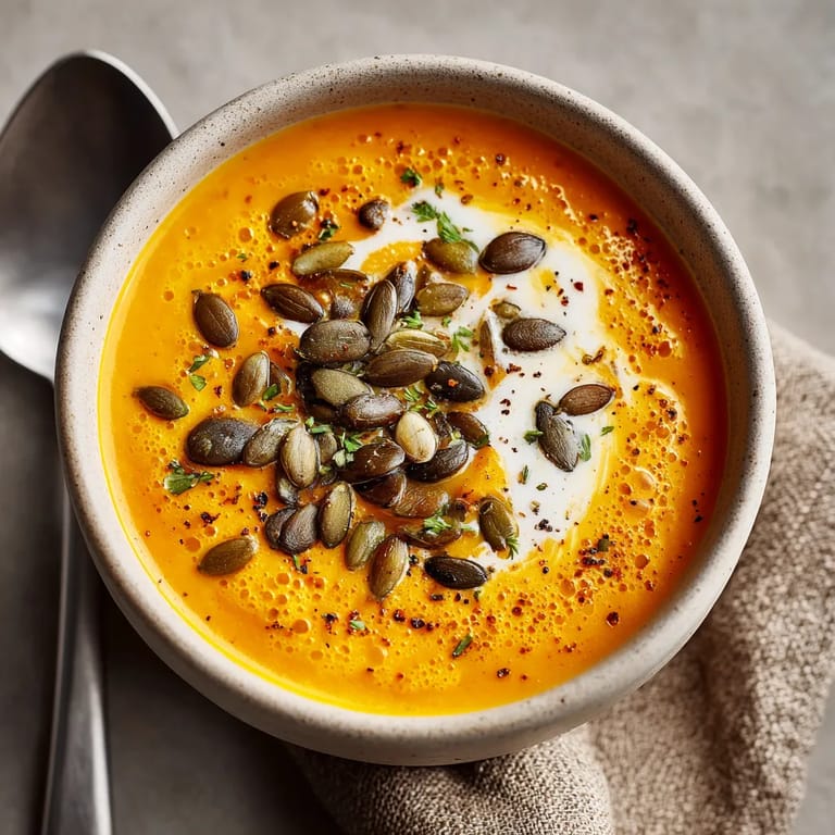 Crema de calabaza y jengibre con crujiente de semillas.