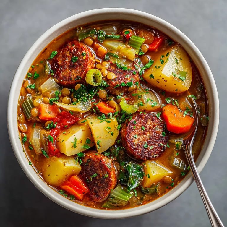 Lentejas estofadas con chorizo vegano y verduras de otoño.
