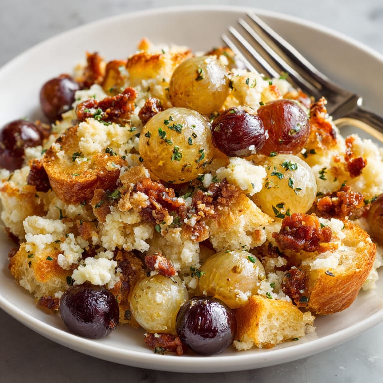 A plate of Migas de Pastor con Uvas y Chorizo Crujiente.