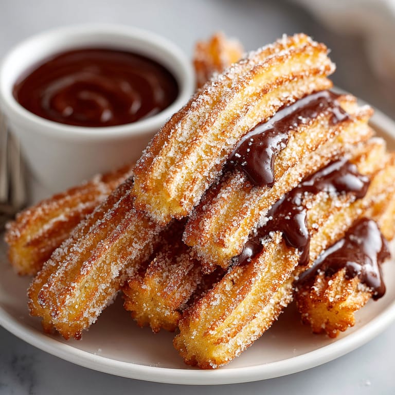 A plate of churros with chocolate sauce.