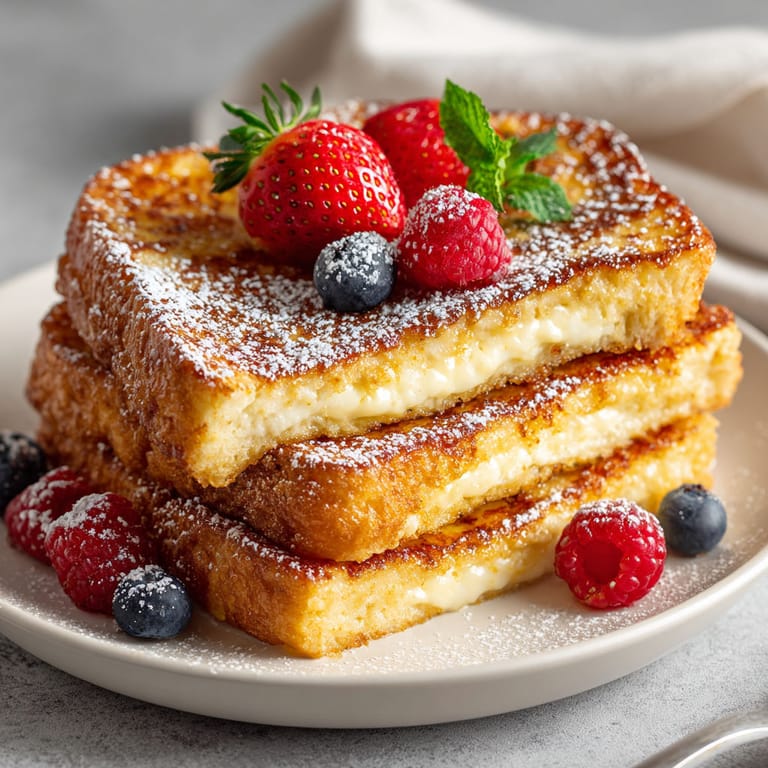A stack of French toast with strawberries and blueberries on top.