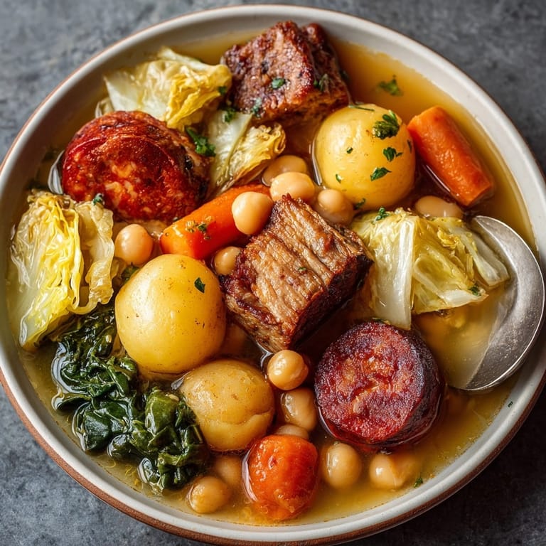 Abundante plato de Cocido Madrileño, reconfortante y tradicional, cocinado a fuego lento.