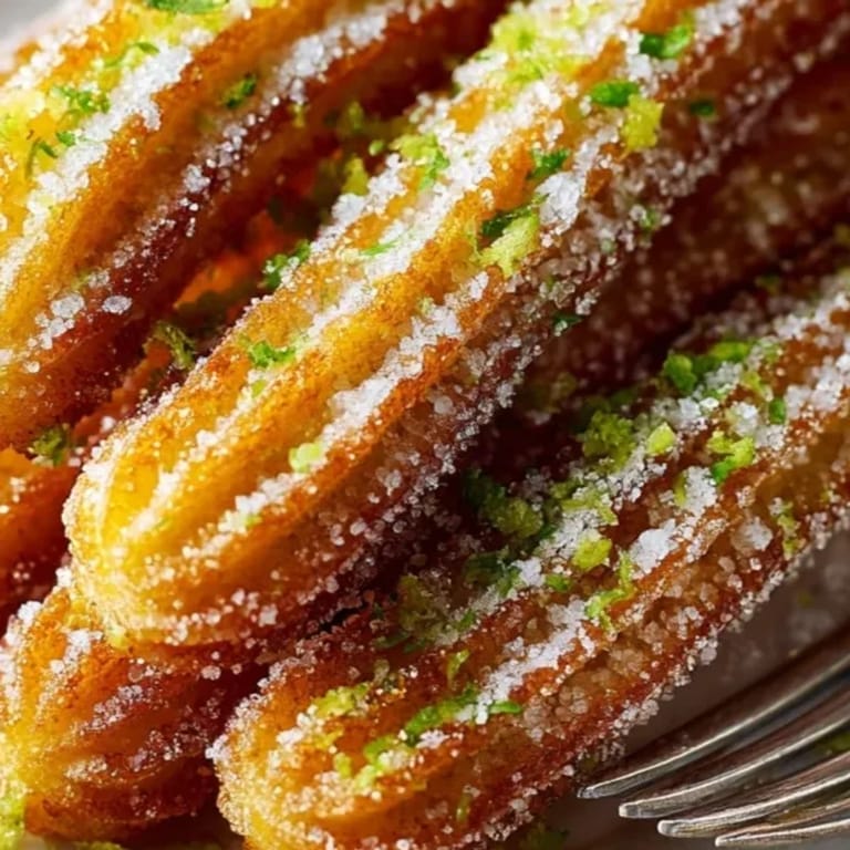 Vista cercana de un plato de cálidos churros de limón espolvoreados con azúcar y limón.