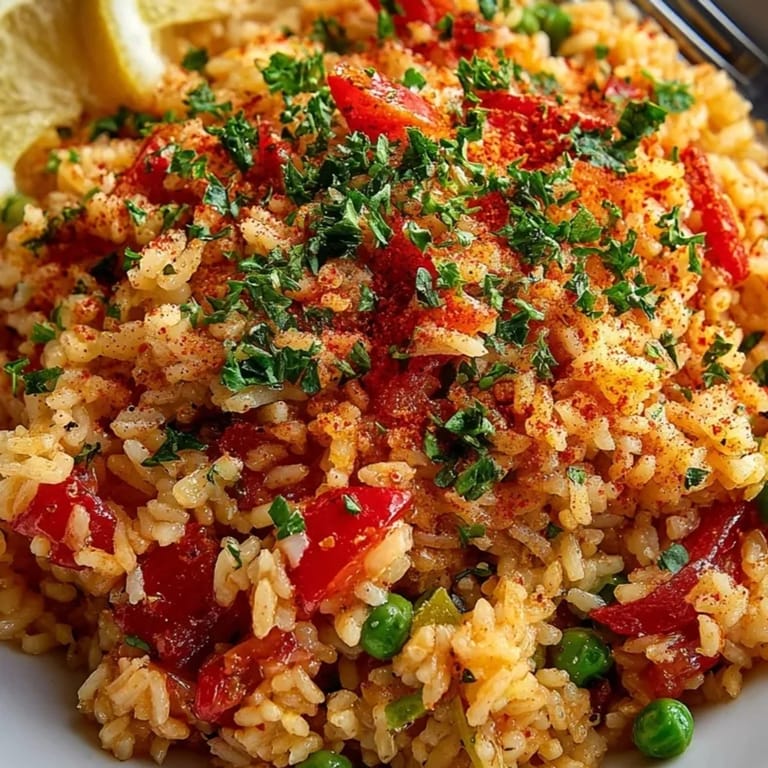 El plato de arroz español clásico, un plato sabroso, con hierbas frescas espolvoreadas por encima.