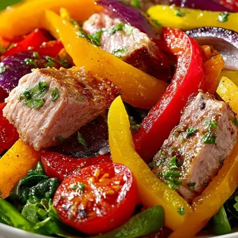 Deliciosa ensalada de pimientos asados y atún: pimientos dulces y atún tierno con aderezo de limón.