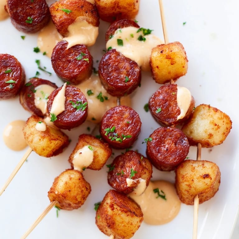 Deliciosos pinchos de tapas de chorizo y patata, perfectos para una fiesta o cena.