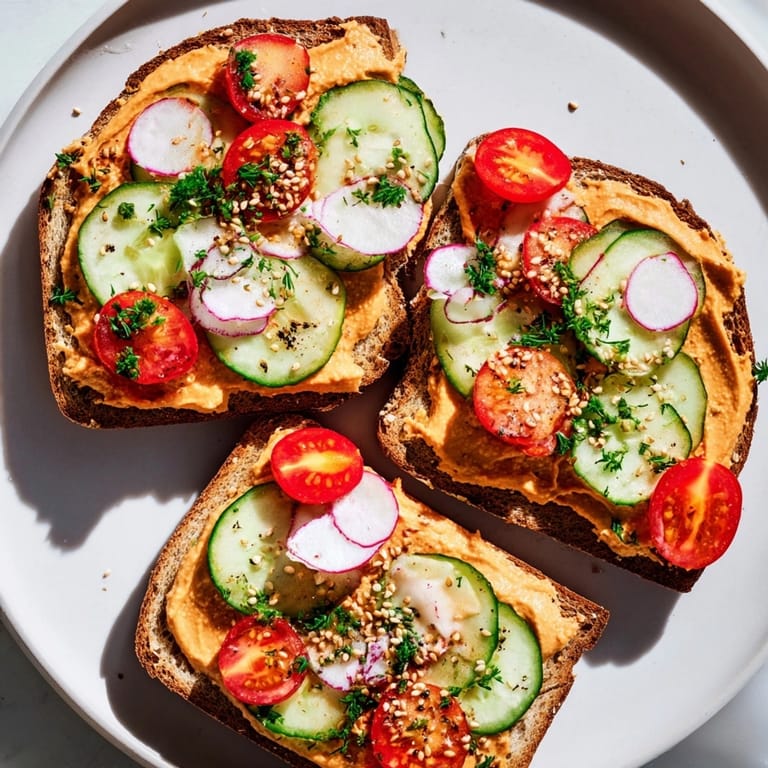 Disfrutando de apetitosas tostadas con hummus de pimiento rojo asado: ¡un delicioso aperitivo vegano!