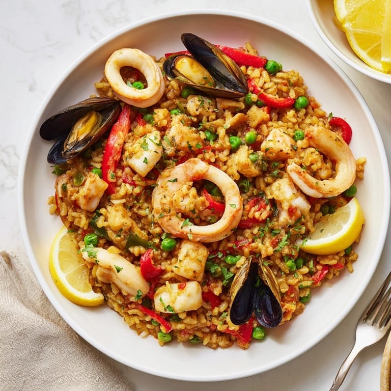 Deliciosa paella de mariscos caliente, con aroma a azafrán y especias, adornada con perejil fresco.
