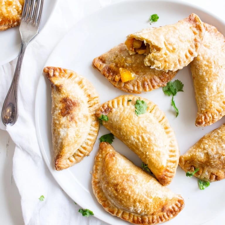 Empanadas caseras de calabaza y garbanzos, rellenas de especias aromáticas. Perfectas como aperitivo o plato principal.