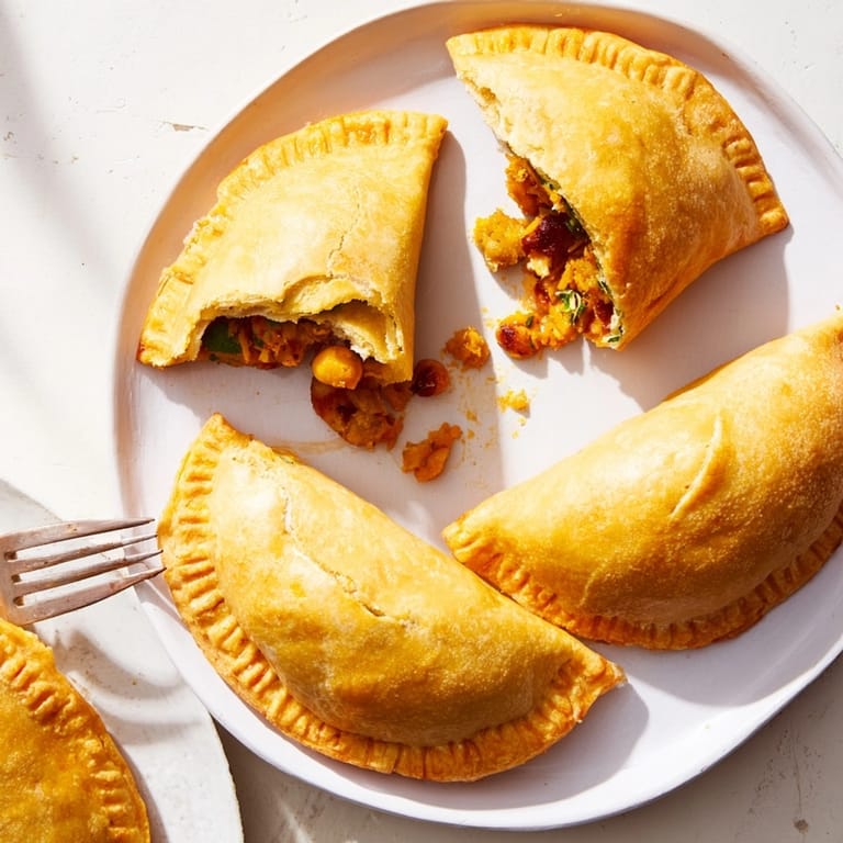 Empanadas veganas de calabaza, garbanzos y cilantro. Masa dorada, horneada y lista para disfrutar.