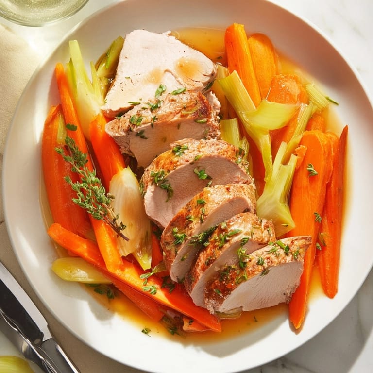 Un sabroso Sherry-Braised Pork Tenderloin destaca con hierbas frescas y un brillo delicioso.