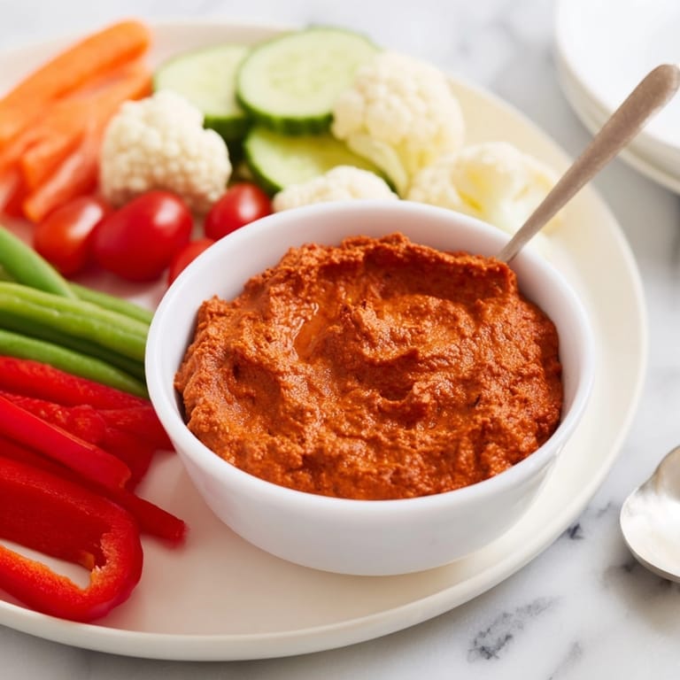 Delicioso romesco español casero listo para mojar con un plato de crudités vibrantes.