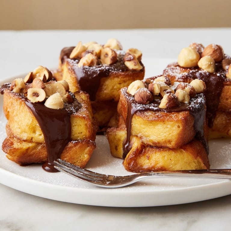 Delicioso plato de Hazelnut Chocolate Torrijas: tostadas francesas españolas decadentes listas para el brunch.