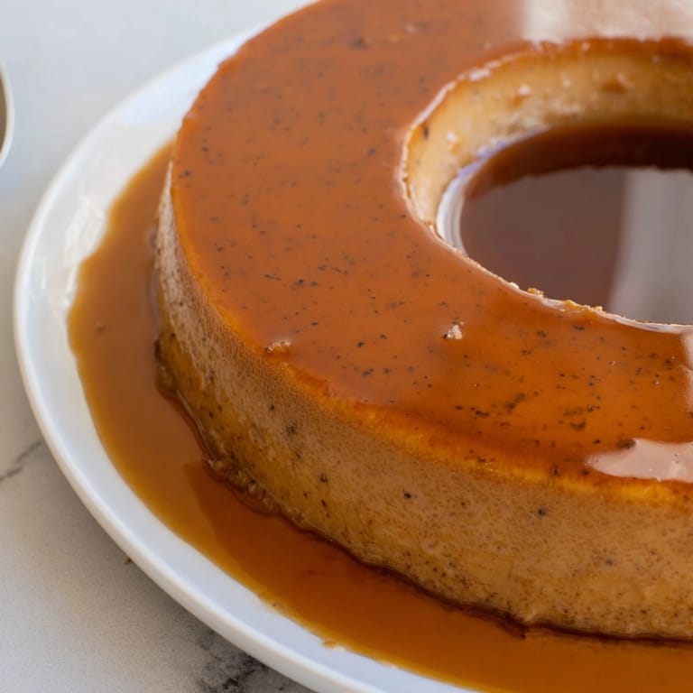 Receta de flan de castañas casero bañado en caramelo dorado, listo para cortar y servir.