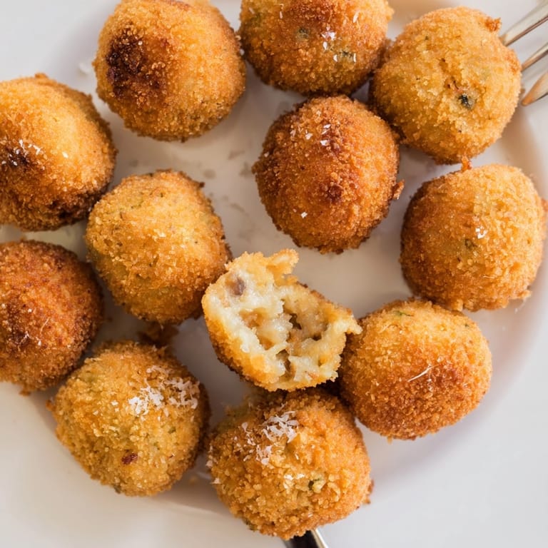 Deliciosas Croquetas de Pistacho: observe el cremoso interior y la sal ahumada espolvoreada.