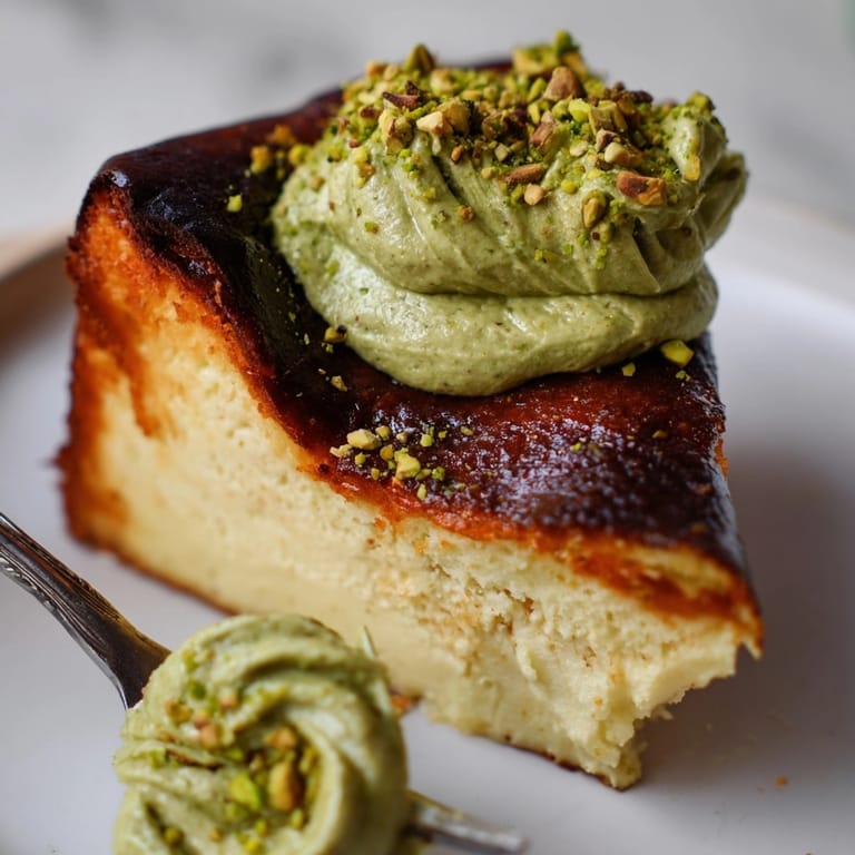 Delicada tarta Basque Burnt Cheesecake servida con una vibrante y cremosa crema de pistachos.