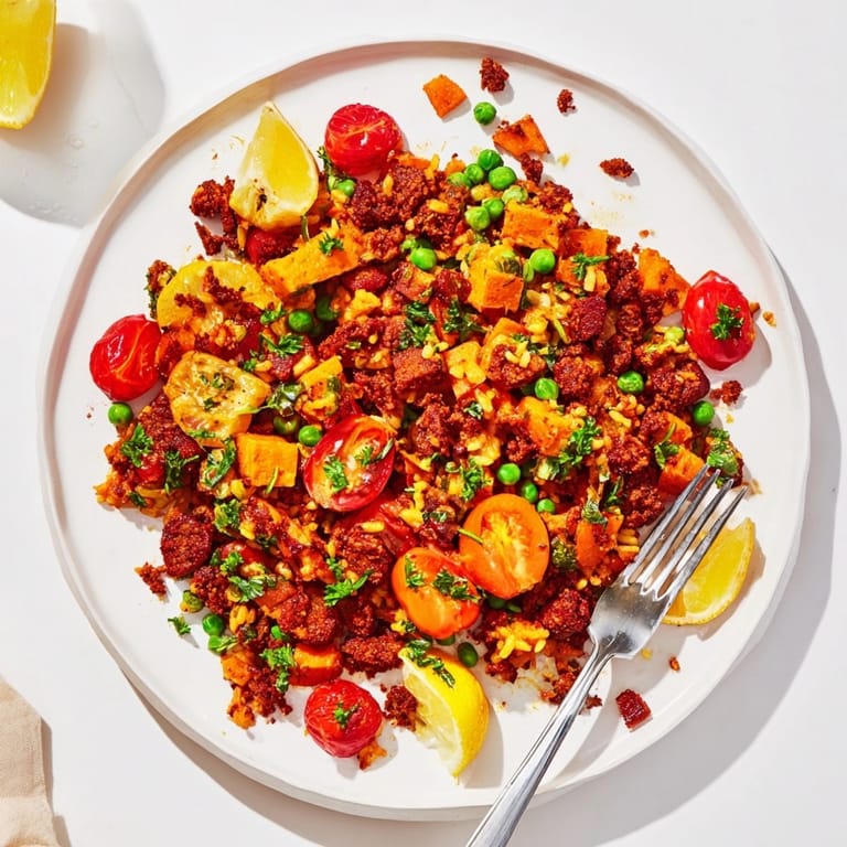 Paella de chorizo vegetal y boniato con texturas ricas y aromas vibrantes en una sartén.